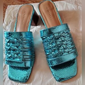 Aerosoles Turquoise Metallic Woven Slide Sandals
